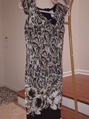 Cache Leopard Print Floral Border Sleeveless Dress in Black and Tan